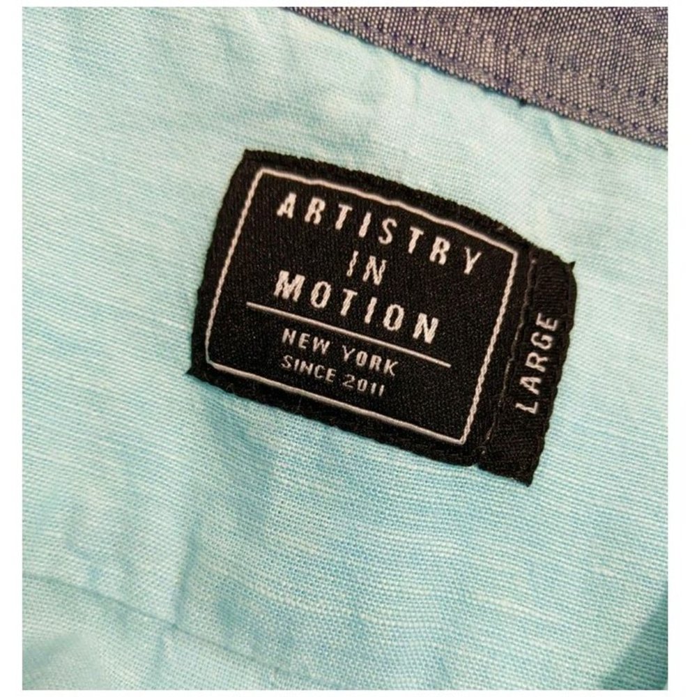 Mens Pastel Blue Linen Long Sleeve Shirt Sz L Flamingo NEW Artistry in Motion - Picture 8 of 9
